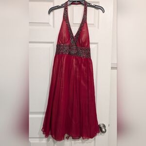 David's Bridal Red Gown with Beaded Halter Detail